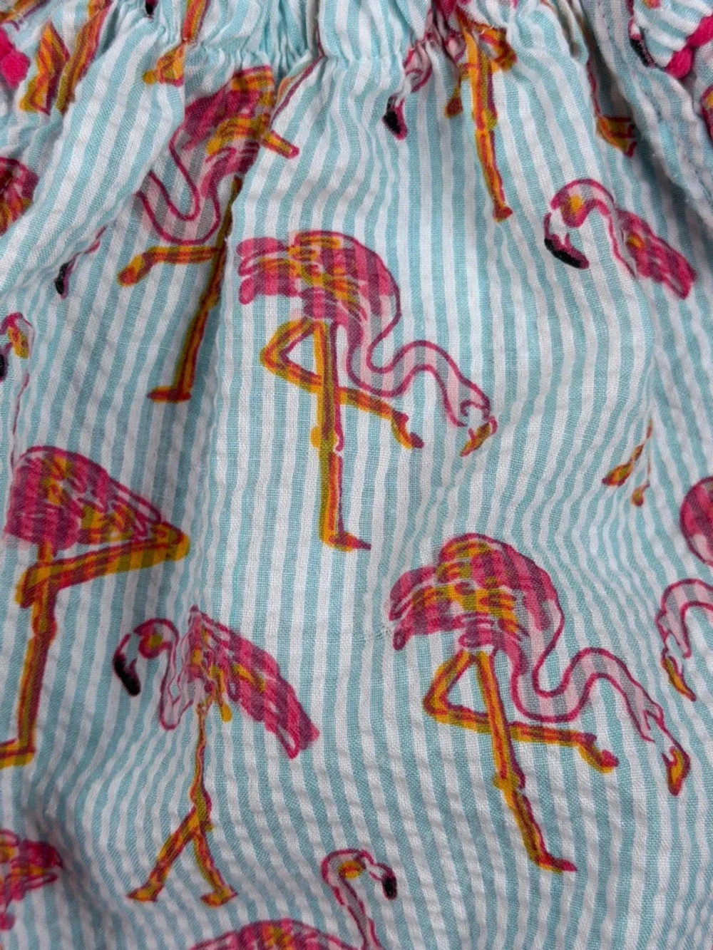 MUD PIE Striped Flamingo Print Seersucker Bubble Romper- 3-6M